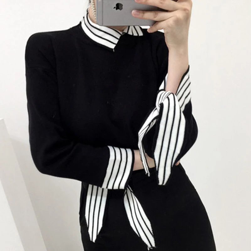 

Chic Women's Knitted Sweater Collar Slim Fit Sve Tie Striped Color Blo Long Sve Autumn Top Korean Sle Commute