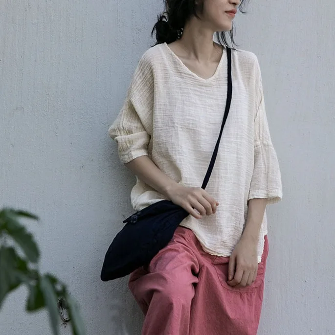 

Ramie cotton design new retro simple T-shirt literary daily wear coarse linen top fashion casual versatile simple temperament el