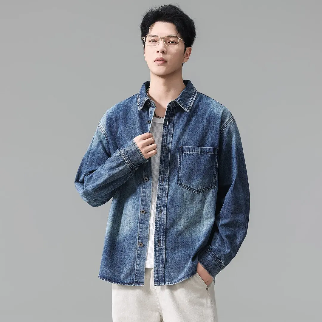Men's Long Sleeve Loose Casual Vintage Washed Denim Shirt Jacket Cityboy Streetwear Oversize Shirt Coat