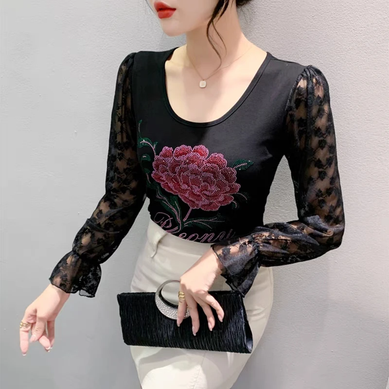 2023 New Autumn Winter European T-Shirt Clothes Women Fashion Sexy Shiny Rose Diamonds Tops Long Sleeve Bottoming Shirt Tees