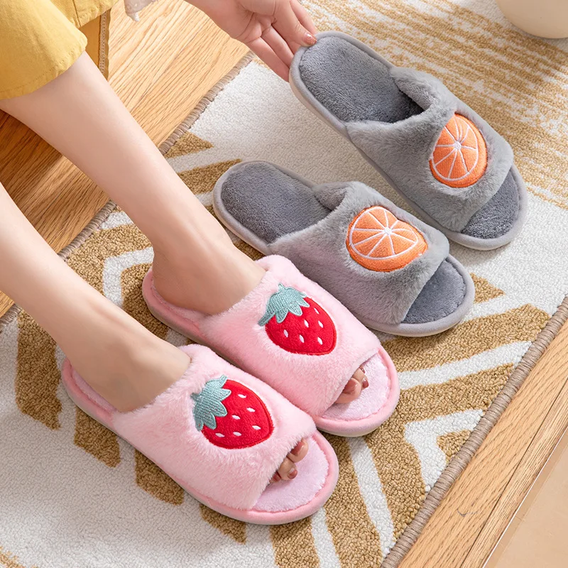 Hairy Mouth Exposed Toe Embroidery Strawberry Watermelon Fruit Women's Home Shoes Wooden Floor Imitation Rabbit Hair Slippers