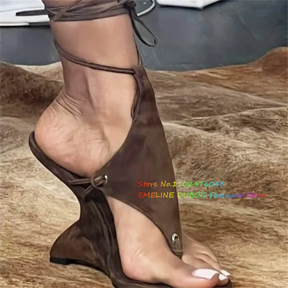 

Suede Irregular High-Heeled Wedge Heel Sandals Women Open Toe Summer New Slingback Lace Up Ankle Strap Party Dress Shoes
