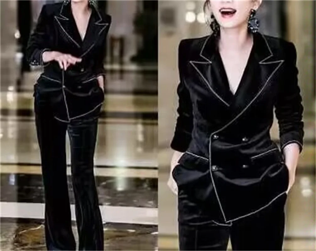 Velvet Crystal Women Suit Set Blazer+Pants 2 Piece Spring 2023 Sexy V Neck Prom Dress Coat Jacket Custom Made женский костюм