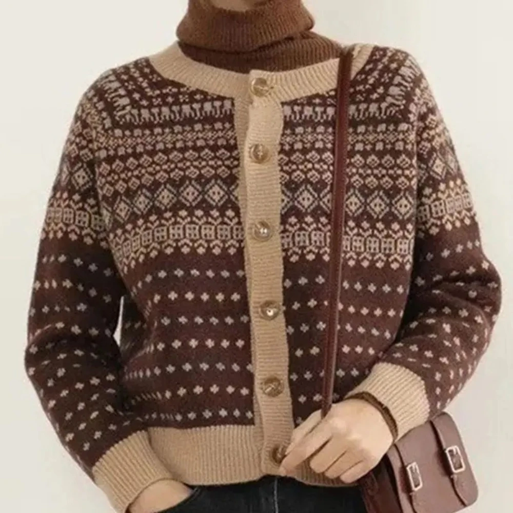 

Spring Autumn New Women's Style Crew Neck Button Argyle Knitted Sweaters Coats Fashion Casual Loose Long Sleeve Tops