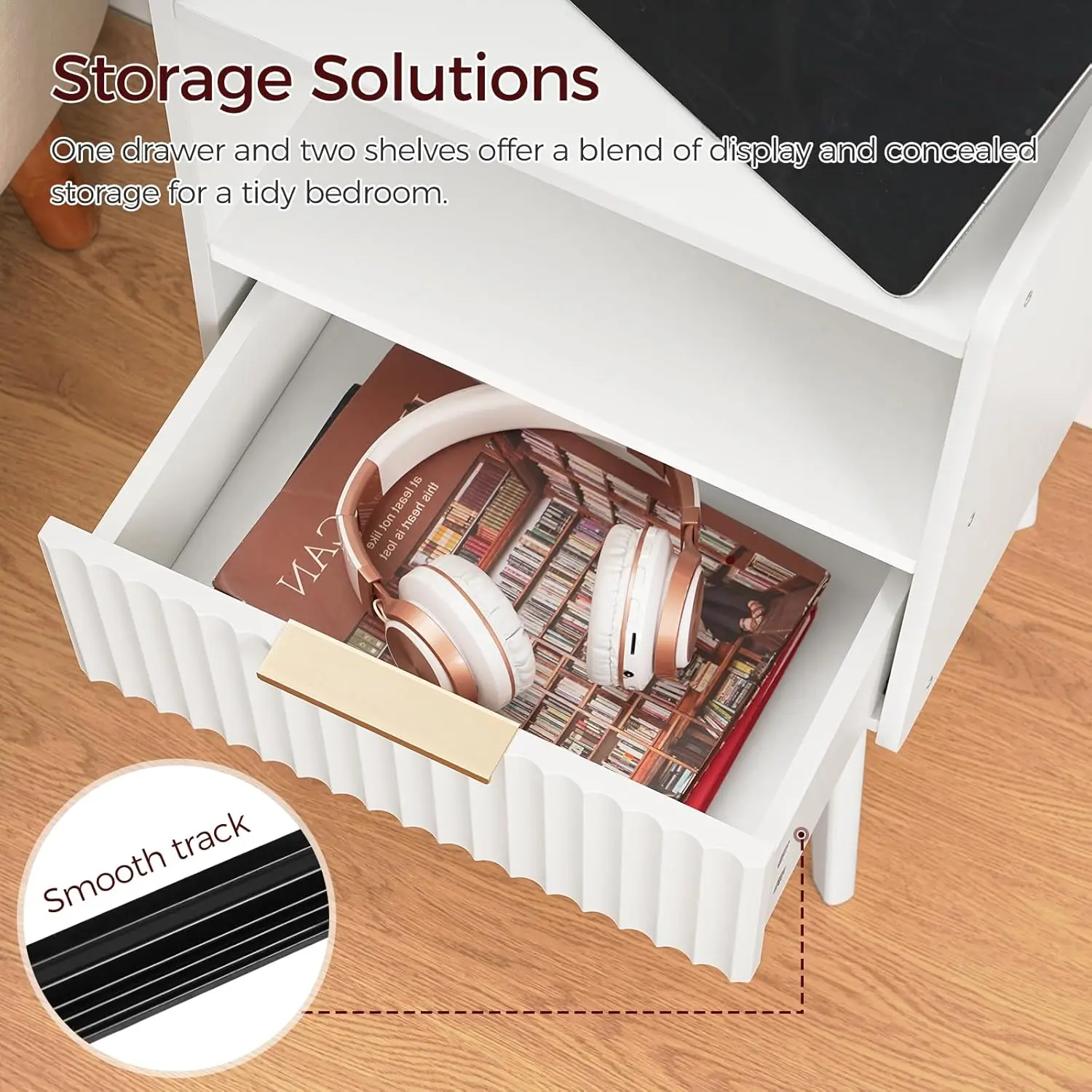 White Nightstand with Charging Station, Modern Bedside Table with Drawer and Storage Shelf, End Side Table with Solid Wood Le
