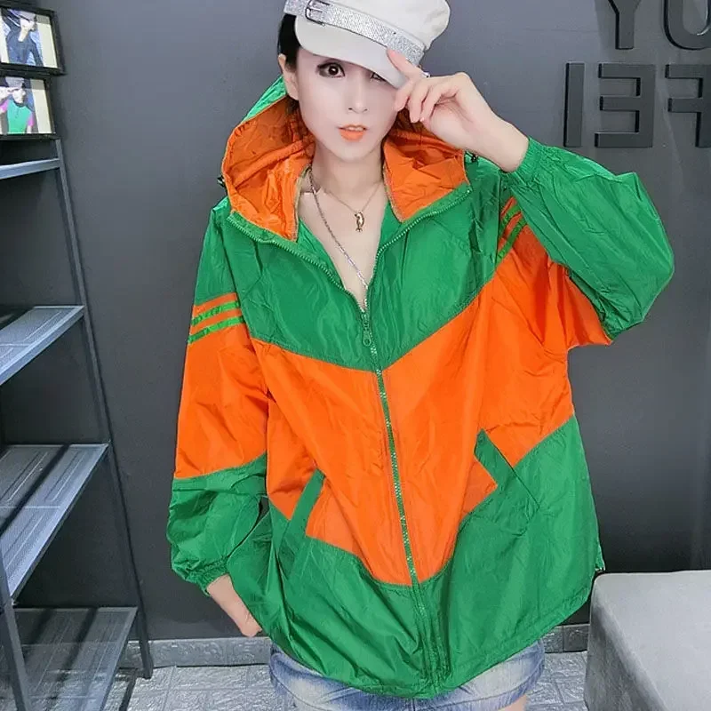 Oversized Patchwork Hip Hop Long Sleeve Hooded Jacket Women Sweatshirt Zipper Thin Korean Fashion Streetwear Summer Autumn Coat