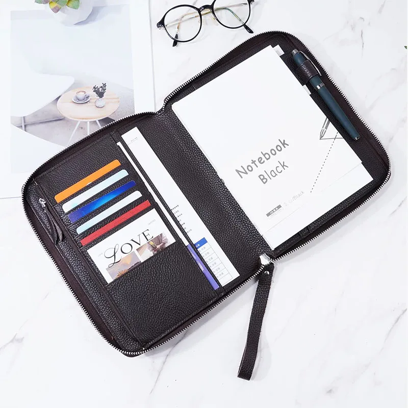 Genuine Pebbled Grain Leather A5 Zip Cover with Top Pocket Cowhide Planner Zipper Notebook Organizer Agenda Journal Diary