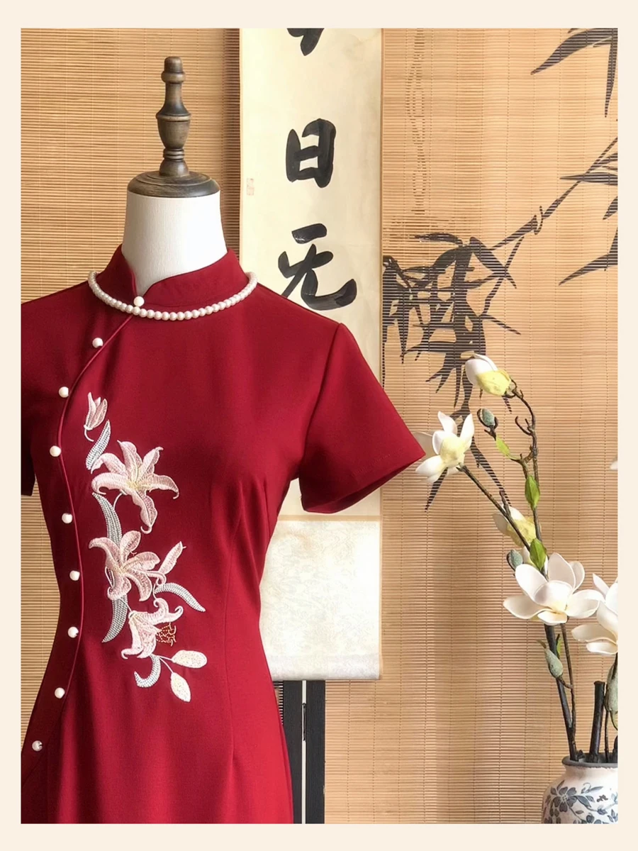 

Red Embroidered ort Sve Qipao Dr Ele Waist-Cinching Chinese Sle Long Dr Breathable Comfortable Summer New Ch...