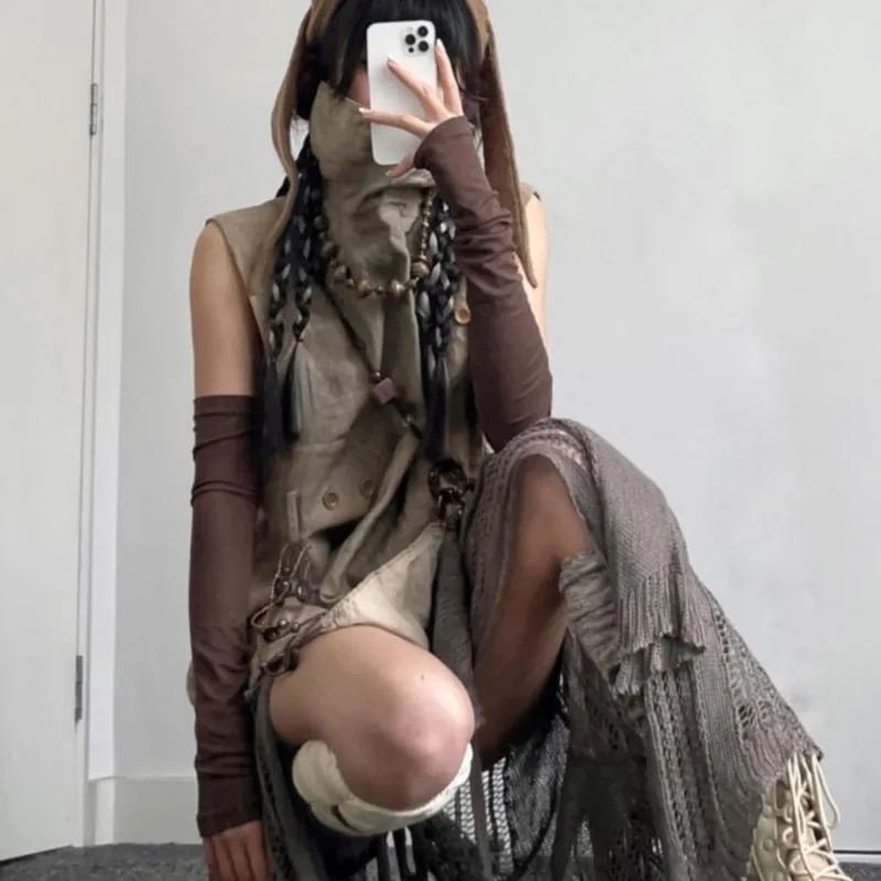 Niche Fashion High Street Punk Dark Wasteland Style Wear Girls Fashion Women's Vest Hooded Dress