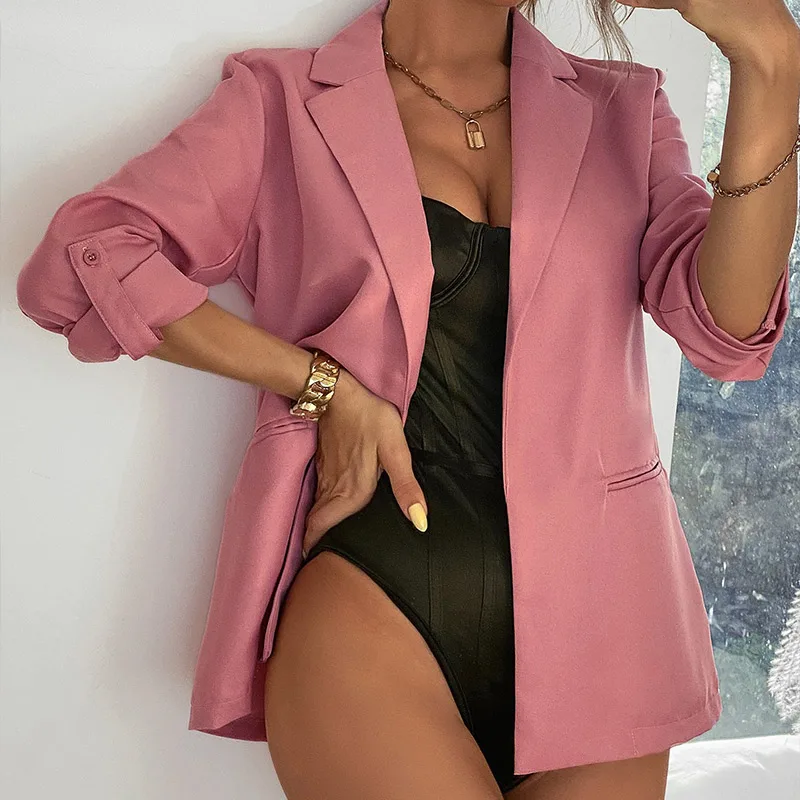 Women  Spring Casual Female Elegant Thin Blazers Fashion Formal Slim Notched Long Sleeve Pink Blazer Solid Women's Jacket