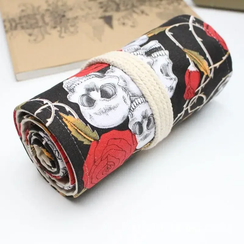 36/48/72 Holes Dark Skull Head Rose Flower Roll Pencil Bag