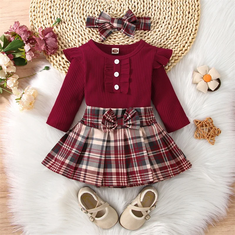 Infant Toddler Baby Girl Fall Winter Outfits Long Sleeve Romper Knitted Bodysuit with Plaid Skirt 2Pcs Christmas Outfits