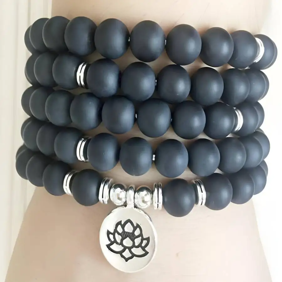 

8mm 108 beads Frosted Black Agate Lotus bracelet Necklace Buddhist Meditation Spiritual Prayer Chakra Mala Bodhi Bead