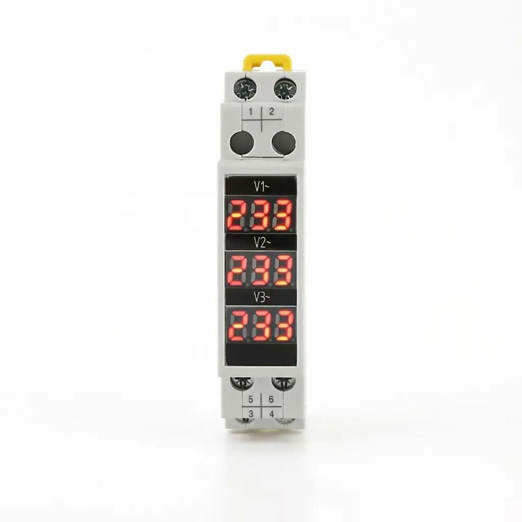 Three voltage, current, and frequency meters for electrical rails, rail mounted voltage, current, and frequency