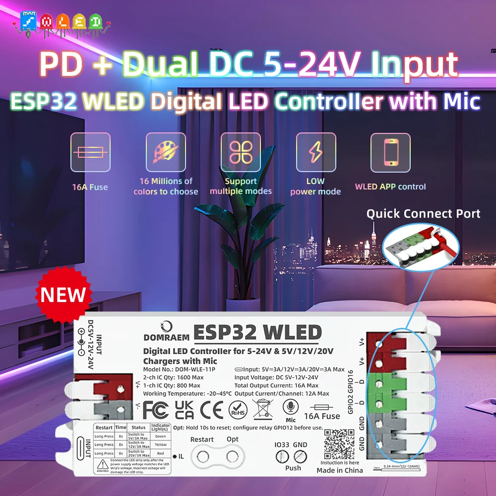 وحدة تحكم PD Power Fast Setup DOMRAEM ESP32 WLED مع ميكروفون مزدوج 5-24 فولت، مصهر 16 أمبير لـ WS2811 WS2812B WS2805 SK6812 APA102