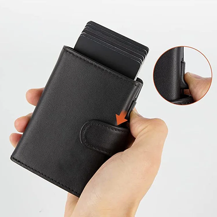 Men's Genuine Leather Trendy Wallet RFID Blocking with Aluminum Case Design Anti-Theft Magnetic Proof Zipper Coin Pocket Wallet
