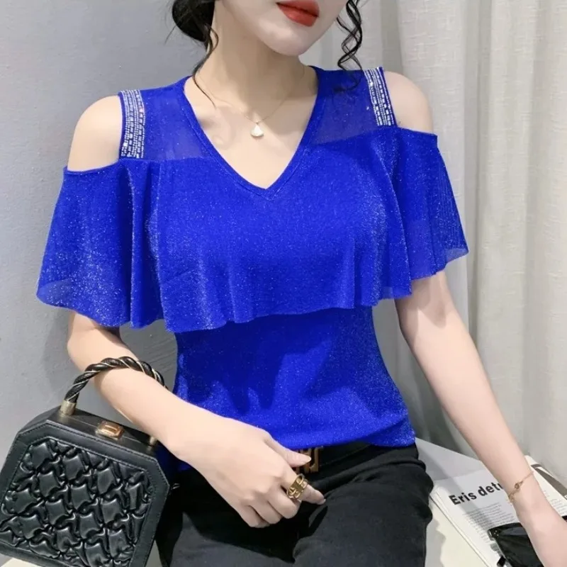 

Women's T-shirt Spring Summer New Ruffle Bright Silk Design V-neck Strapless Stamping Rhinestones Ruffle Sleeve Womenswear Trend