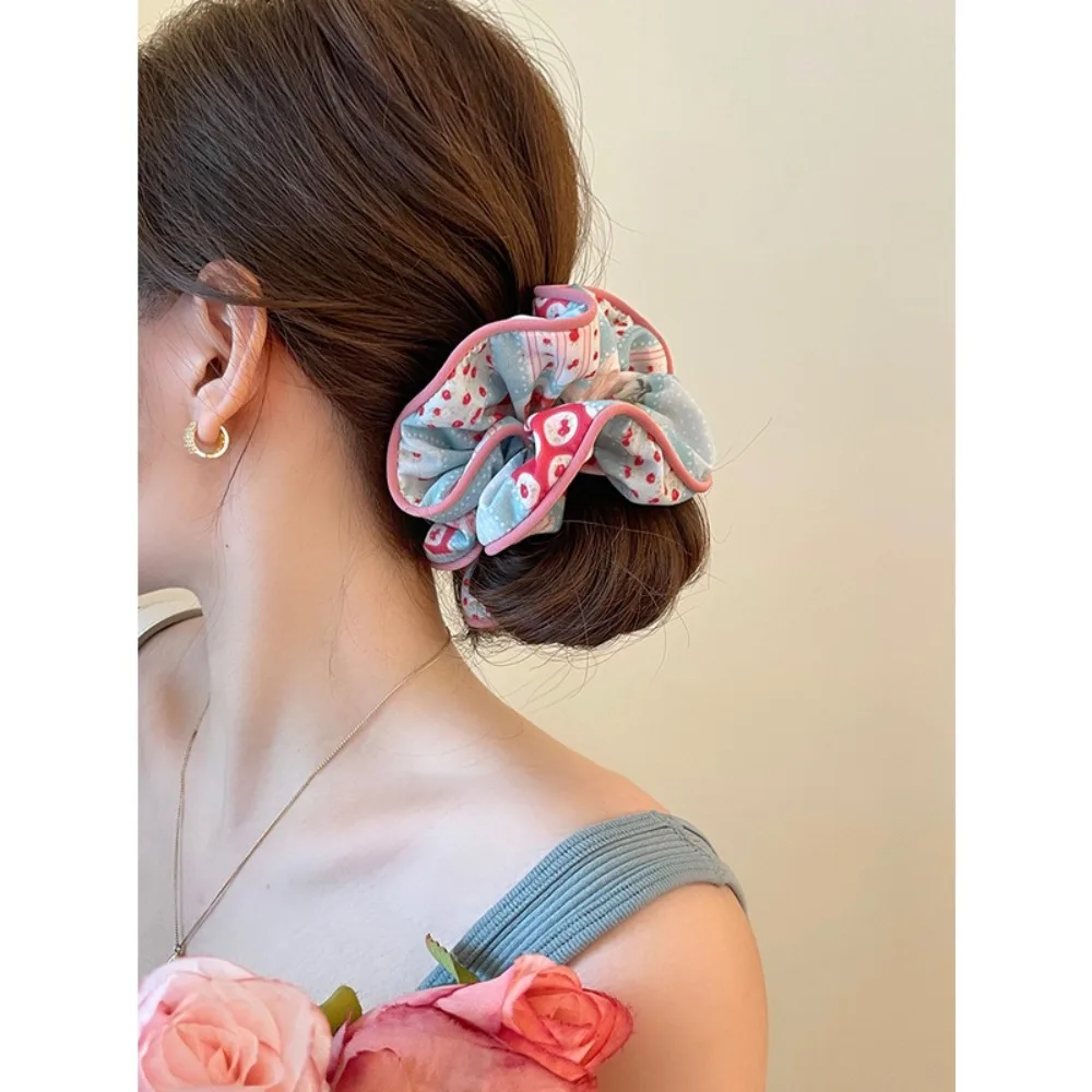 Luxury Korean Hair Loop Fashion 8 Color Large Lace Ruffle Design Hair Scrunchie Floral No Harm Ponytail Holder Hair Ornament