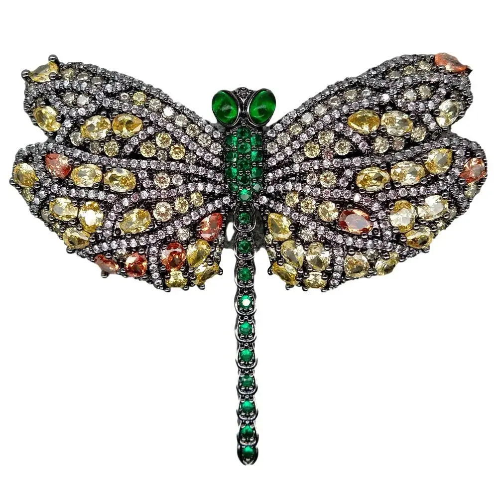 

YYGEM 51x58MM Multi Color cubic zirconia micro Pave Dragonfly gunmetal color plated Shape Brooch luxury animal brooch