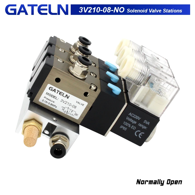 

3V210-08-NO Normally open Solenoid Valve Stations Block With Muffler Fitting Base Manifold DC 12v 24v AC 110v 220v 3 port