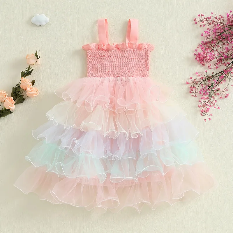 

RUEWEY 1 to 5 Years Baby Kid Girl Slip Dress Summer Clothes Sleeveless Contrast Color Layered Summer A-line Tulle Princess Dress