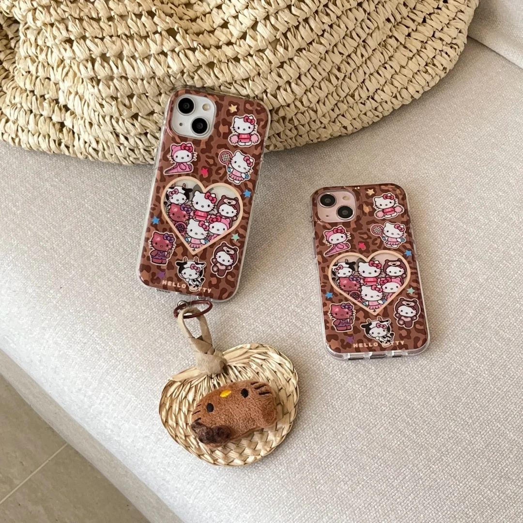 Hello Kitty Leopard Print Heart Phone Case For iPhone 16 Pro Case iPhone 13 14 15 16 Pro Max 3D Plush KT Doll KeyChain Cover