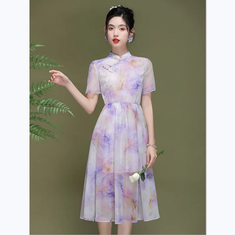 

Summer Dress Vintage Chinese Style Women Elegant Stand Collar Improved Cheongsam Purple A Line