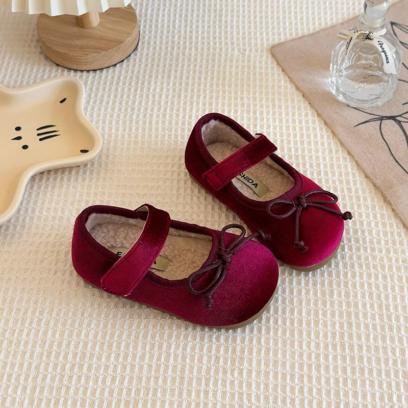 Solid Velvet Girls Flats Shoes Winter Bow Plush Warm Kids Princess Shoes Shallow Hook Loop Non Slip Children Mary Janes