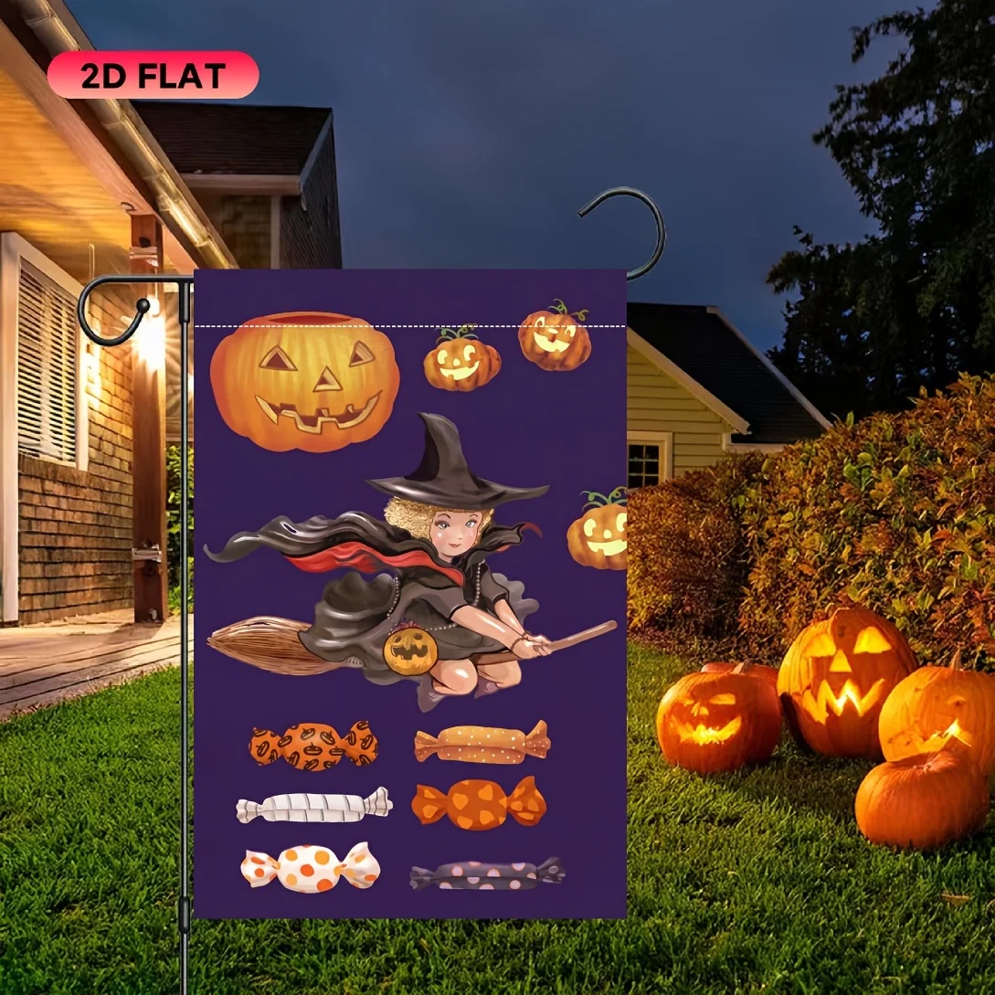 2D Flat Garden Flag 1 Piece, Dream Purple Bottom Flying Witch Candy Pumpkin Halloween Garden Flag, Very Suitable for Garden, Lawn, Courtyard, Home, Outdoor, Beach Decoration Flag, Halloween Celebration Decoration Flag (Excluding Flagpole) Flag Only,