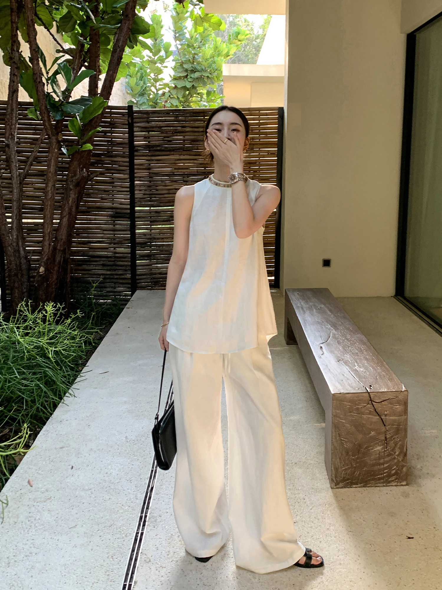 

Комплект из льняного топа и брюк ручной работы Maven Lin для женщин: летний повседневный наряд из серии High nce с изысканной вышивкой бисером