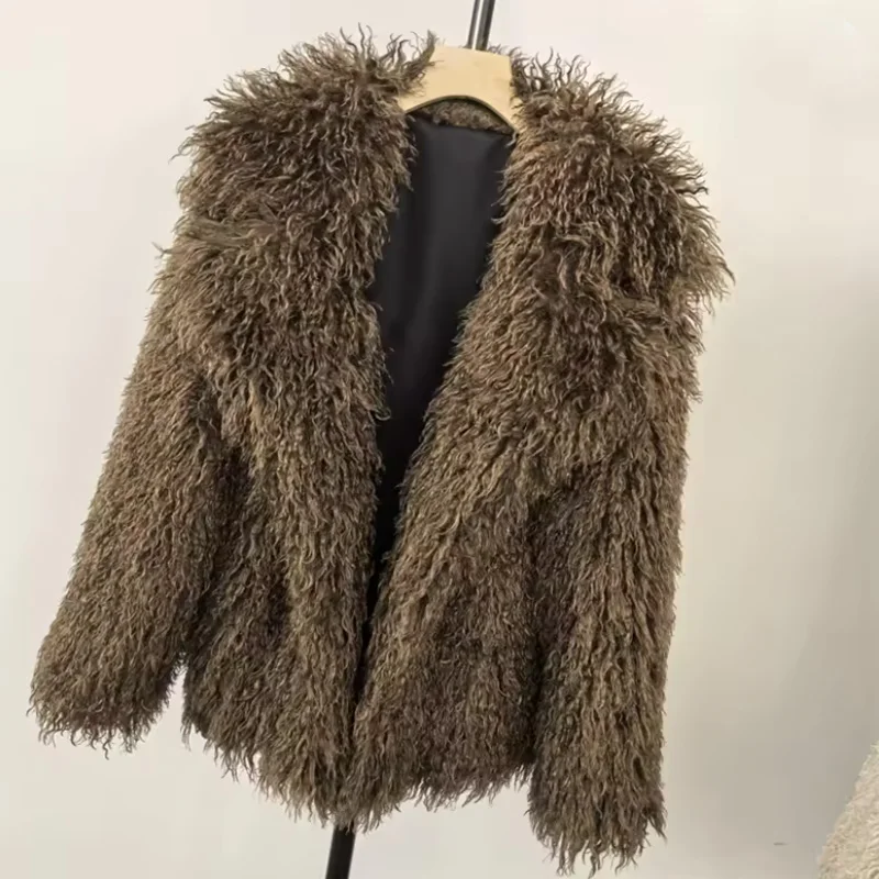 2025 Fashion Women's Faux Fur Short Coat Autumn Winter Imitation Mongolia Sheep Fur Jacket Lapel Warm Tops Outerwear Streetwear