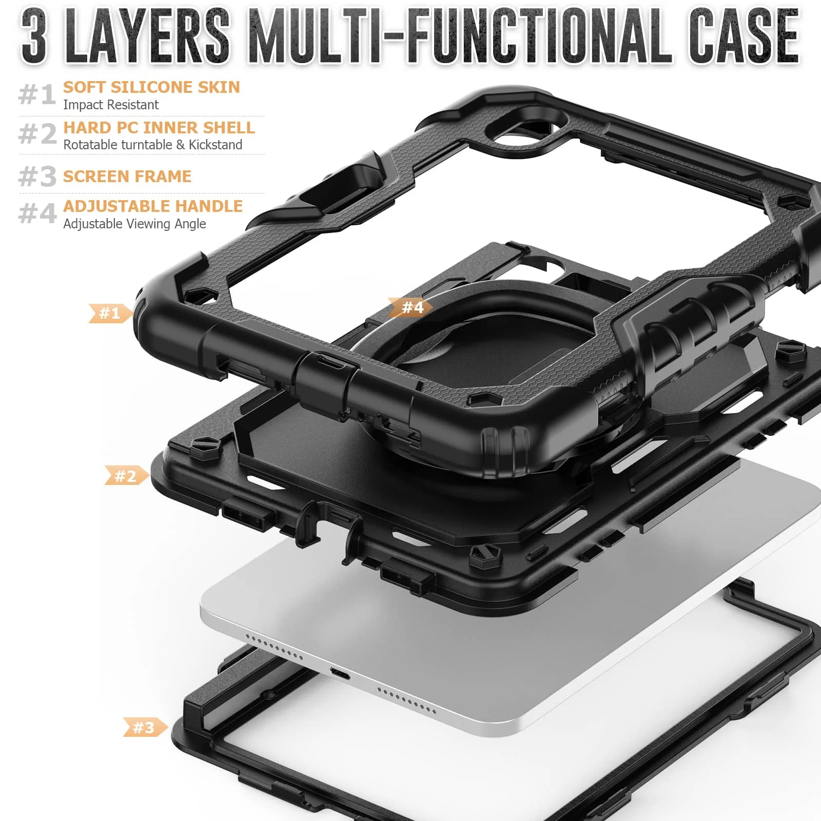 For iPad Mini 7 6 2024, Military Grade Shockproof Silicone Cover with 360 Folding Handle Grip + Handle Shoulder Strap