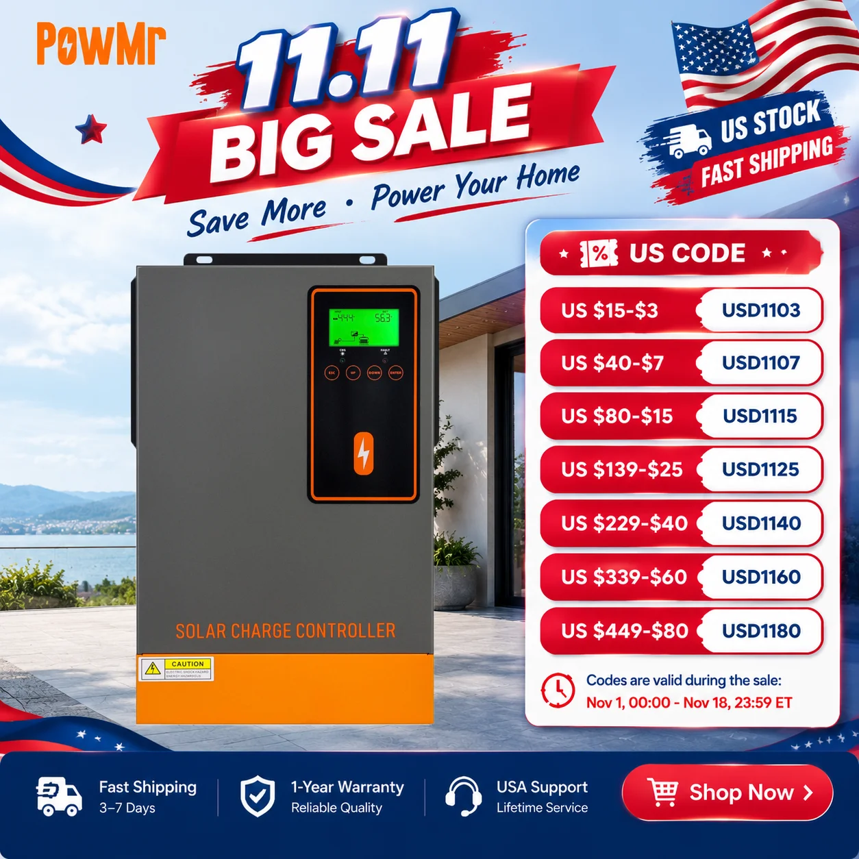 PowMr US Store 48V Solar Charge Controller with 140A MPPT Controller Max PV 500V Solar Battery Charger Regulator for Solar Home