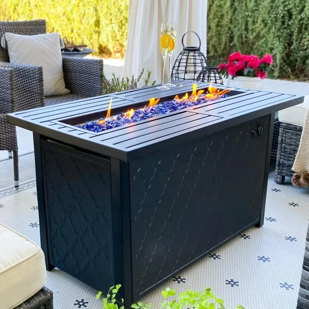 Propane Gas Fire Pit Table 45 Inch 50,000BTU Rectangular Outdoor Firepits for Outside Patio with Lid and Blue Fire Glass, Black