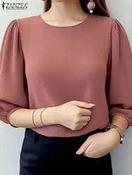 ZANZEA Elegant Women Puff Sleeve Blouses 2024 Summer 3/4 Sleeve O Neck Wrinkle Textured Blusas Fashion Solid Color Tunic Tops