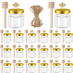 1.5oz Hexagon Mini Glass Jars with Wood Dippers Gold Lids Bee Pendants&Jute Twine Honey Jars Perfect for Baby Shower Wedding