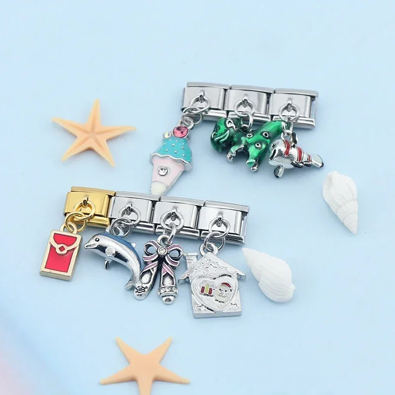 Hapiship Fashion Dinosaur Dolphins Ice Cream House Dolphins Charm Links Fit 9mm Bracelet Stainless Steel Jewelry Making DJ333