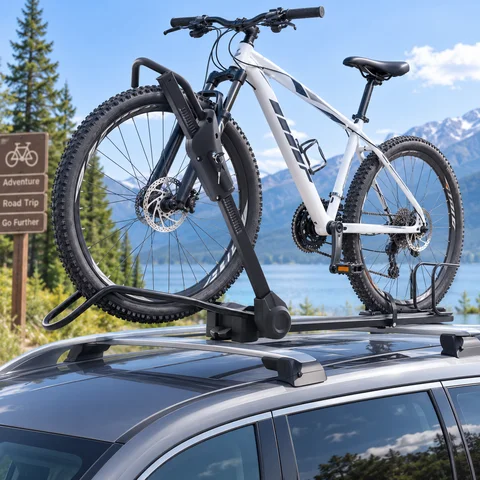 Universal Roof Mount Bike Rack Car Rooftop Upright Bike Carrier with Rear Wheel Rest Snap And Fluted Base for Mounting on Cars SUVs MPVs