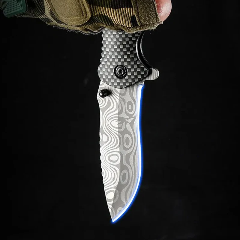 Folding Knife Outdoor Camping Survival High Hardness Folding Knife Portable Multi-Purpose Damascus Pattern Pocket Knife