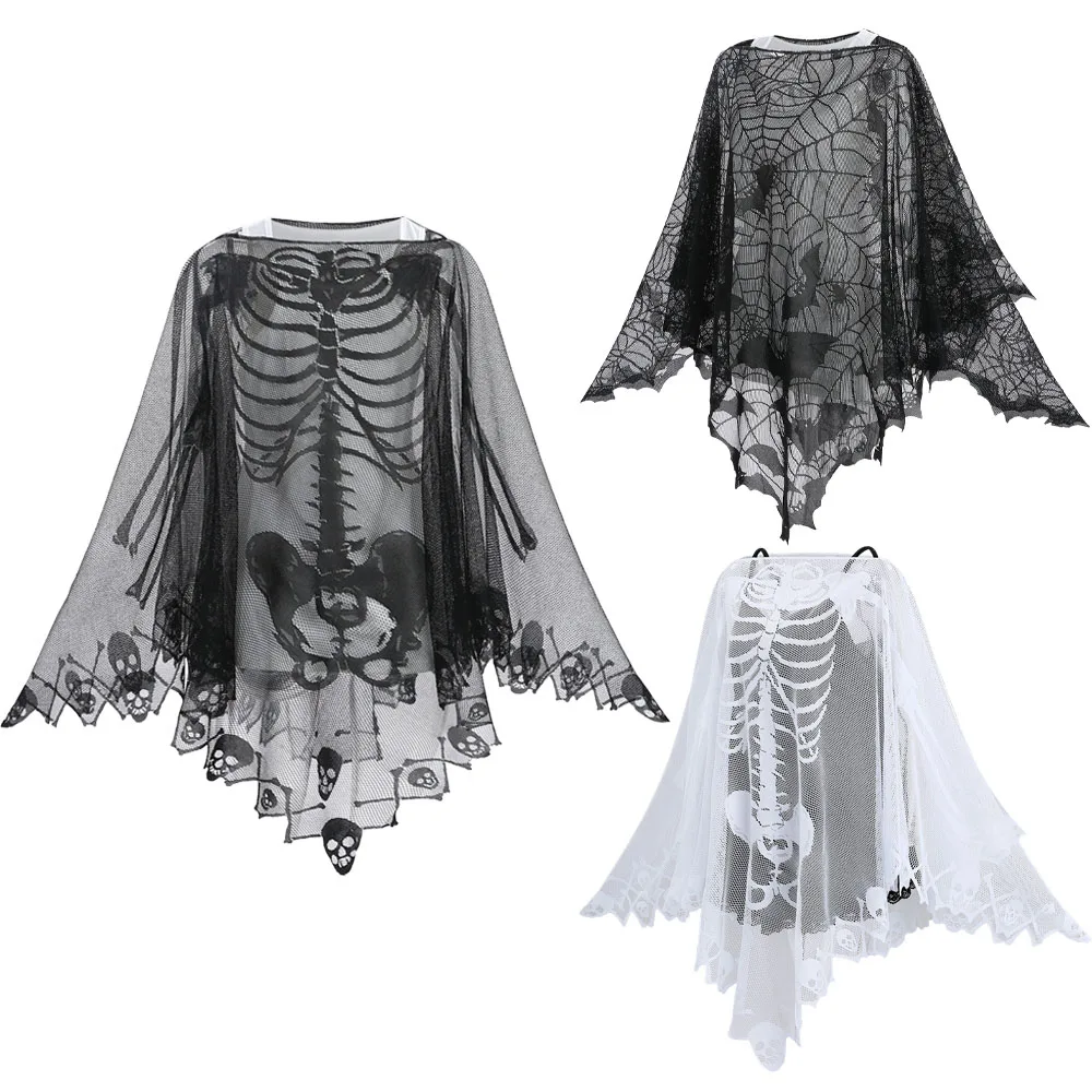

Хэллоуин Готическая Сетка Вязание крючком Асимметричный Плащ Череп Скелет Летучая Мышь Паутина Графическая Тонкая Накидка