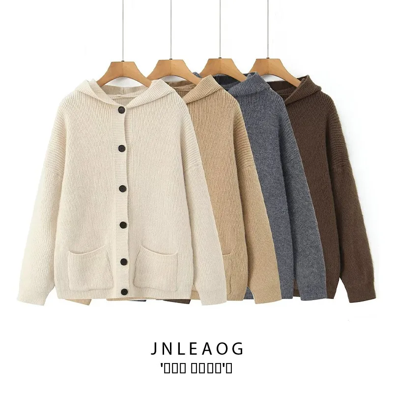 

JNLEAOG Faion Thiened Hooded Open Cardigan Sweater Women's Autumn New Sle Polyester Fiber Long Sve Knitted Coat