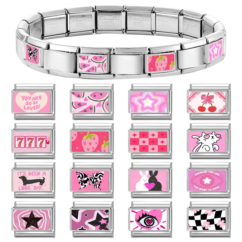 Pink Series Eyes Cat Rabbit Leopard Heart Italian Charm Links Fit 9mm Stainless Steel Bracelet Girls DIY Making Jewelry