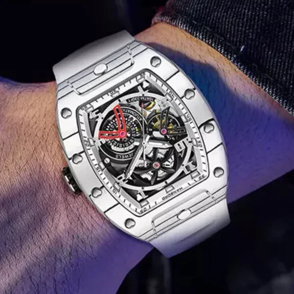 

Мужские автоматические часы HANBORO, 42 мм, механические наручные часы Tonneau, углеродное волокно, 5 атм, светящийся циферблат со скелетом, 24 часа, 21 драгоценный камень, движение.