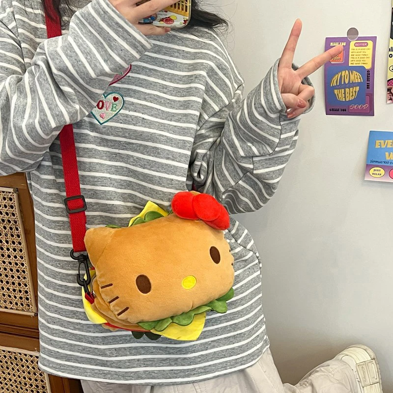 Kawaii Sanrio Hello Kitty Hamburger Funny Plush Shoulder Bags Cute Cartoon Stuffed Y2K Korean Style Crossbody Gifts For Girls