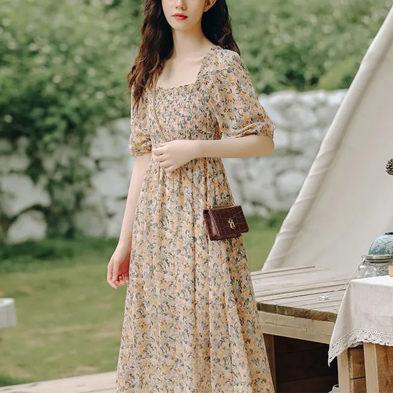 Women Square Collar Short Sleeve Floral Dress, Temperament Slim A-line Skirt, Summer Clothes, Monochromatic, Simplicity Fashion