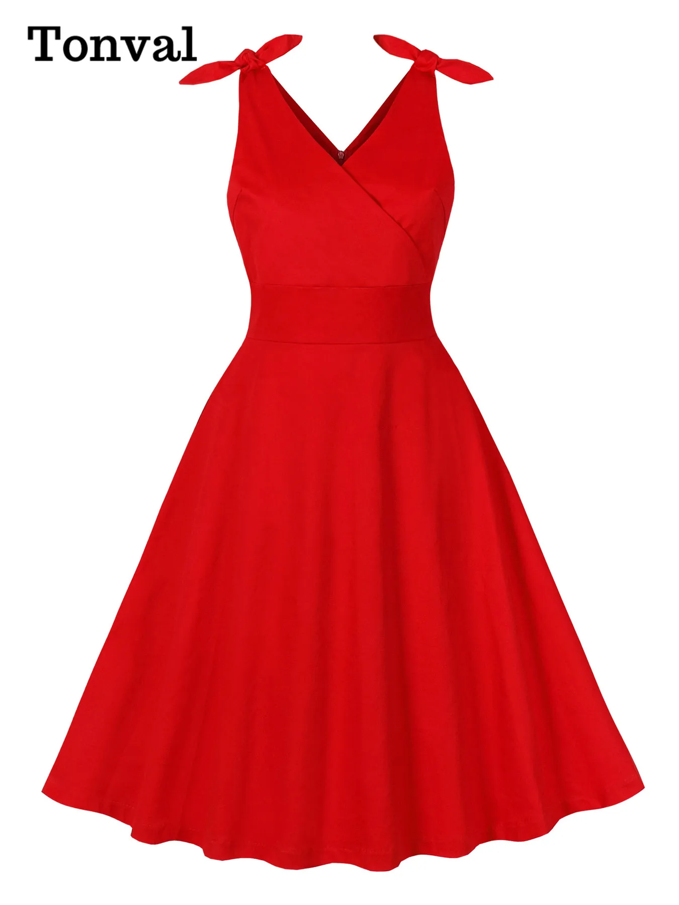 

Tonval Tie Shoulder V-Neck Vintage Red Plain Dress 95% Cotton Sleeveless Women 2025 High Waist A-Line Summer Retro Dresses