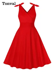 Tonval Tie Shoulder V-Neck Vintage Red Plain Dress 95% Cotton Sleeveless Women 2025 High Waist A-Line Summer Retro Dresses