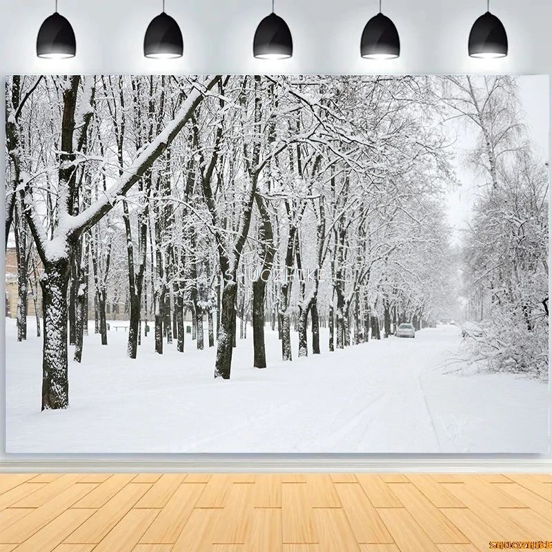 قطرات خلفية للتصوير الفوتوغرافي للغابات الشتوية ، طريق مغطى بالثلوج ، ندفات الثلج ، أشجار التنوب ، خلفية الصورة ،
