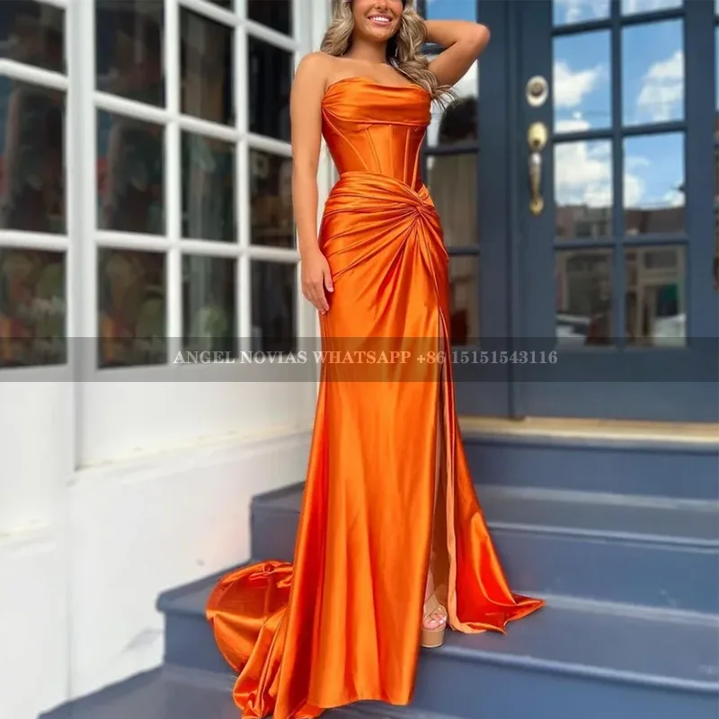 

Customized Long Mermaid Orange Bridesmaid Dress with Slit Wedding Guest Party Evening Dress robe demoiselle d’honneur de mariage