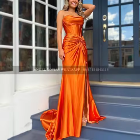 Customized Long Mermaid Orange Bridesmaid Dress with Slit Wedding Guest Party Evening Dress robe demoiselle d&rsquo;honneur de mariage